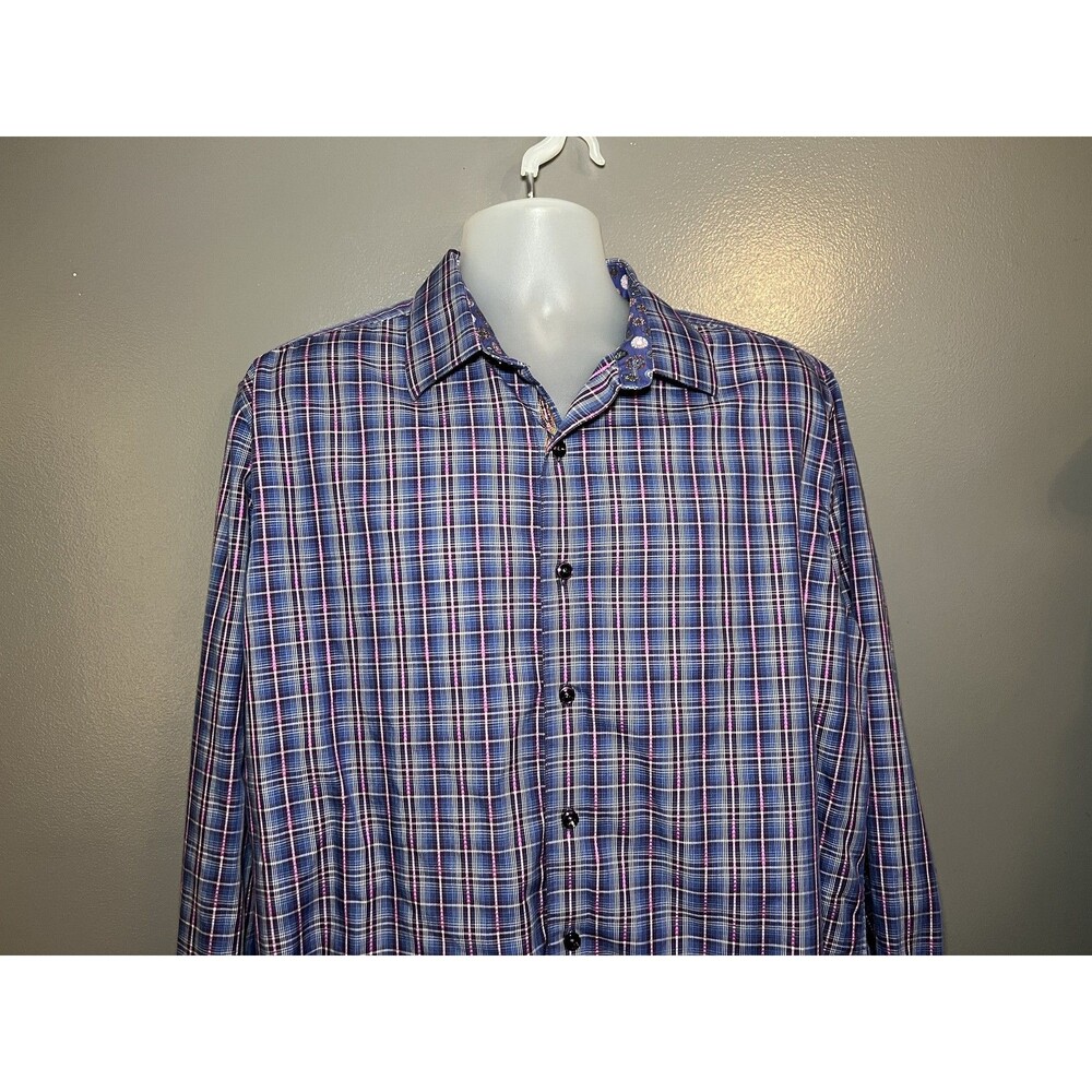 Robert Graham Shirt Mens 2XL Blue Plaid Button Front Contrast Cuff Embroidered